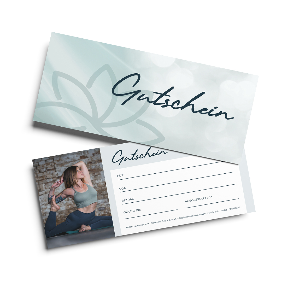 Geschenkgutschein von Balanced Movement by Franziska Boy für Yoga, Pilates, Workshops und Retreats.